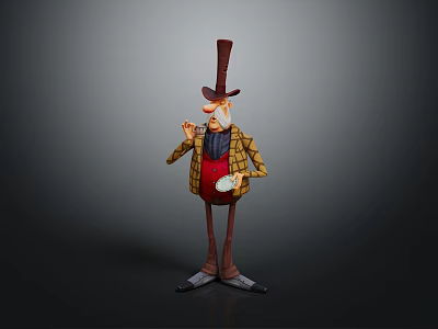 Animated Game Movie Character With Tall Top Hat Yellow Plaid Coat And Red Vest 3d model
