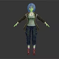 3D Character Model with Silver Hair Blue Eyes Black Jacket Cargo Pants and Outstretched Hands