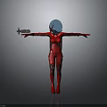Character In Red Bodysuit With Blue Helmet Outstretched Arms And Holding Airplane Model
