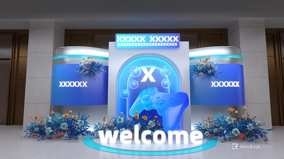 Popular Check in Photo Spot With Blue Game Controller Welcome Sign And Flower Decorations 3d model 