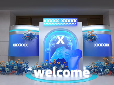 Popular Check in Photo Spot With Blue Game Controller Welcome Sign And Flower Decorations 3d model