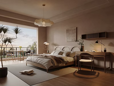 Modern Bedroom Interior With Bed Window Desk Chair Lamp Rug And Wall Art 3d model