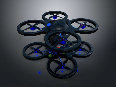 Modern Multi Rotor Drone With Black Frame And Blue Propeller Accents 3d model