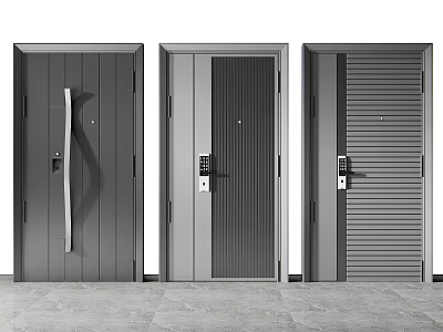 Three Modern Security Doors With Different Panel Designs And Secure Locks 3d model