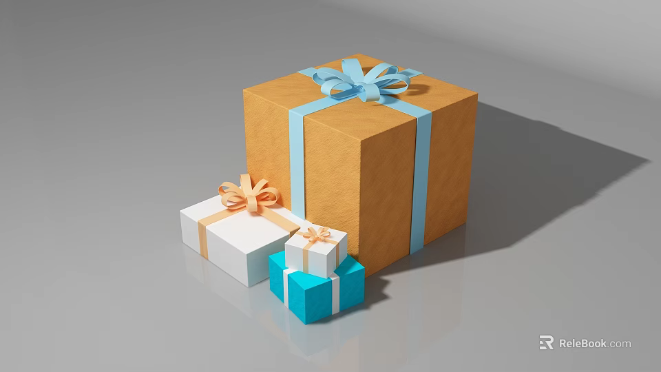 Stacked Gift Boxes Display Large Orange Box Blue Ribbon Small White Blue Boxes Colorful Bows 3d model 