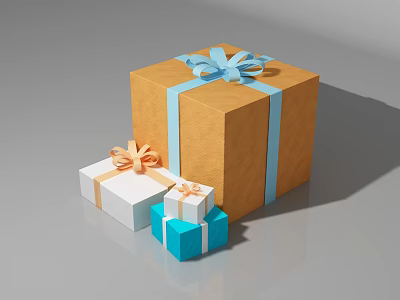 Stacked Gift Boxes Display Large Orange Box Blue Ribbon Small White Blue Boxes Colorful Bows 3d model
