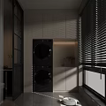 Modern Balcony Cabinet with Stacked Washer Dryer Window Blinds and Countertop Faucet