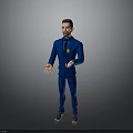 3D Character in Blue Business Suit Presenting on Grey Background