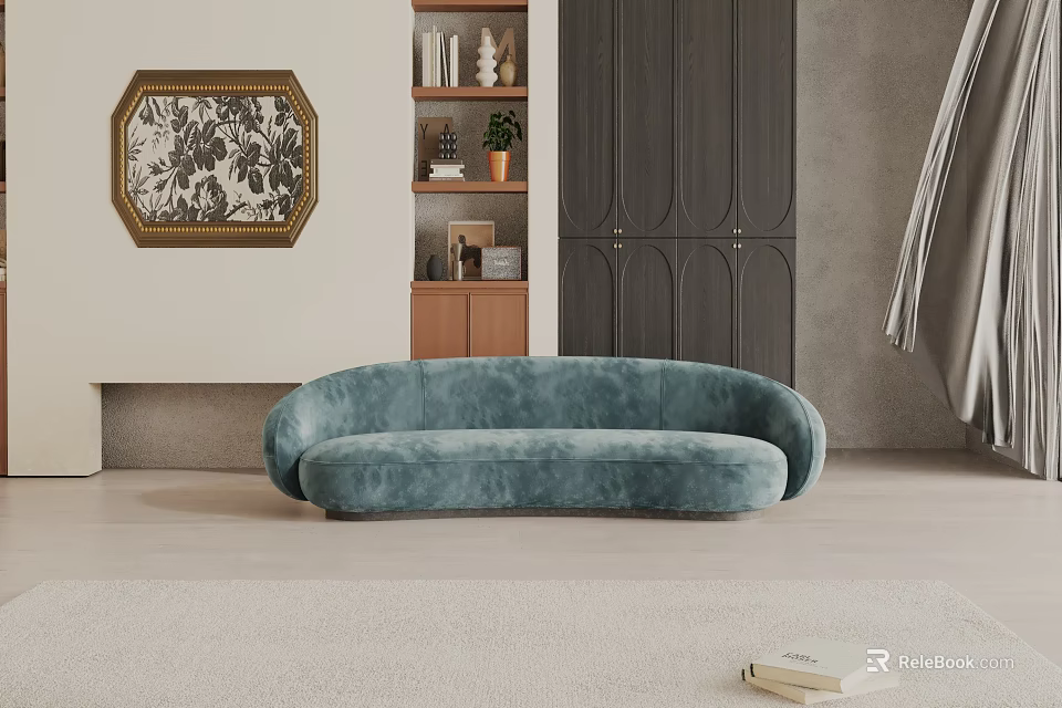 Curved Teal Velvet Three Seater Sofa In Modern Living Room With Decorative Painting And Wooden Shelf 3d model 