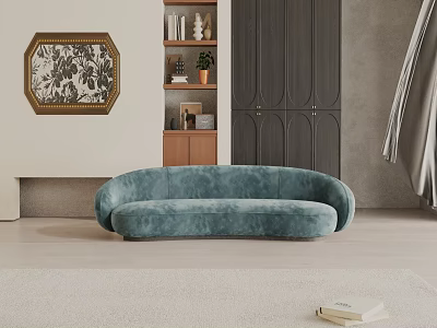 Curved Teal Velvet Three Seater Sofa In Modern Living Room With Decorative Painting And Wooden Shelf 3d model