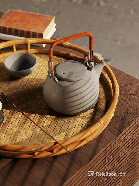 Traditional Tea Set With Gray Striped Teapot And Small Bowl On Wicker Tray Wooden Tabletop 3d model 