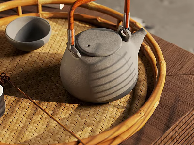Traditional Tea Set With Gray Striped Teapot And Small Bowl On Wicker Tray Wooden Tabletop 3d model