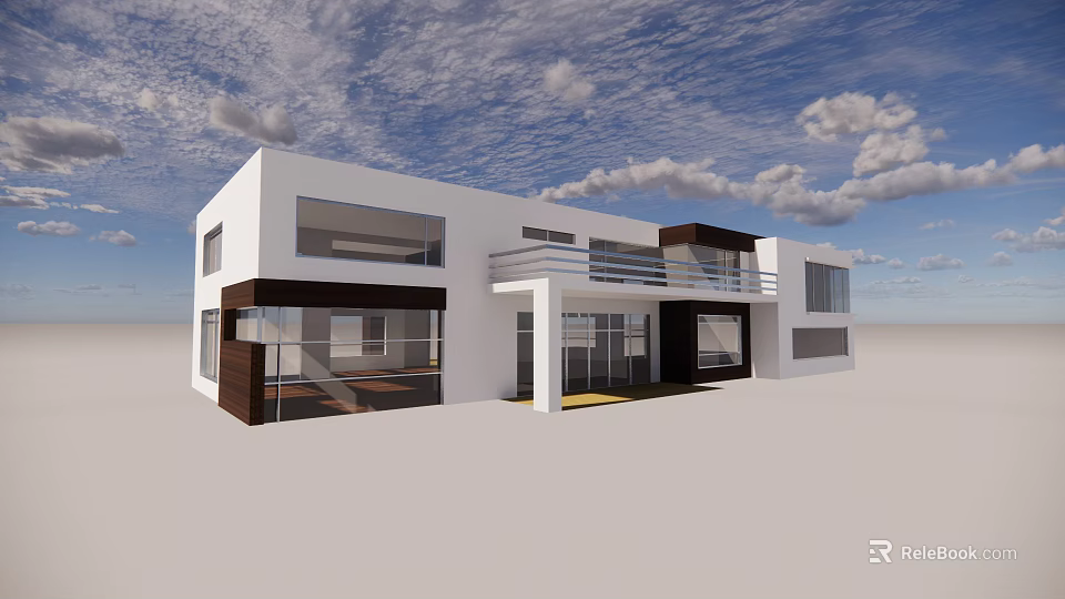 Modern Detached Villa With White Exterior Large Glass Windows And Balcony 3d model 