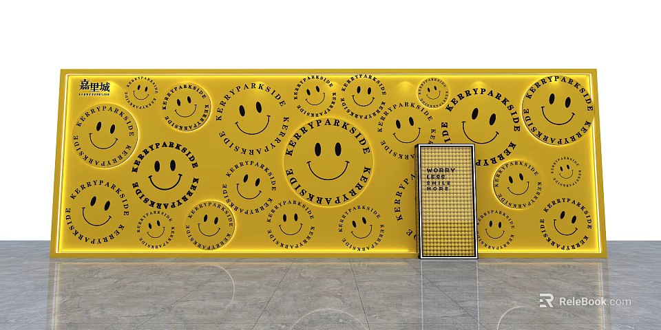 Yellow Background Wall Decorative Design With Smiley Face Patterns KISSMETOY Text And Metal Grid Panel 3d model 