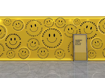 Yellow Background Wall Decorative Design With Smiley Face Patterns KISSMETOY Text And Metal Grid Panel 3d model