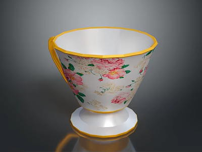 Decorative Ceramic Cup With Yellow Rim White Body Pink Rose Patterns And Yellow Handle 3d model