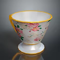 Decorative Ceramic Cup With Yellow Rim White Body Pink Rose Patterns And Yellow Handle
