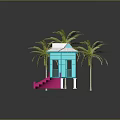 Turquoise Cabin with White Roof and Pink Steps Near Palm Trees
