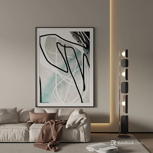 Abstract Painting In Modern Living Room Interior With Neutral Wall White Sofa And Floor Lamp 3d model 