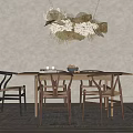 Natural Style Wooden Dining Table Set With Curved Back Chairs And Woven Chandelier