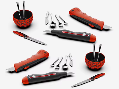 Red And Black Kitchen Tools With Patterned Bowls Spoons And Sharp Knives Design 3d model