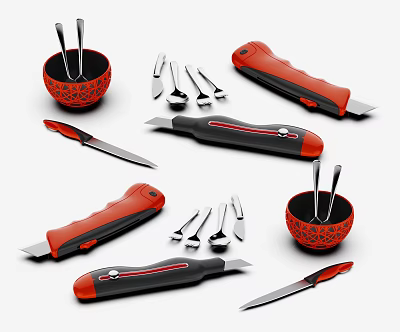 Red And Black Kitchen Tools With Patterned Bowls Spoons And Sharp Knives Design 3d model