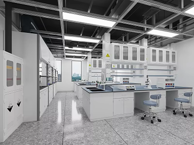 Modern Scientific Laboratory Interior With Cabinets Workbenches Chairs And Lighting 3d model