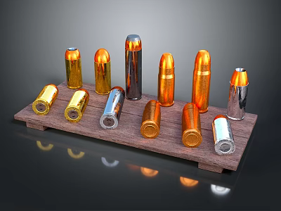 Weapon Bullets in Various Colors Displayed on Wooden Tray with Metallic Shine 3d model