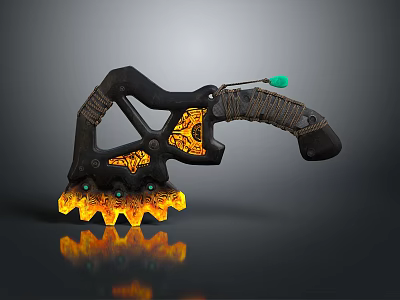 Decorative Mythical Axe Tool With Black Body Orange Patterns Flame Shaped Serrations And Green Tip 3d model