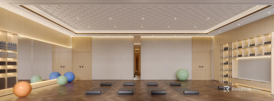 Fitness Studio With Yoga Mats Exercise Balls And Wooden Cabinets 3d model 