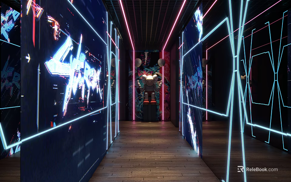Cyberpunk Corridor Interior Design With Neon Lights And Wall Murals 3d model