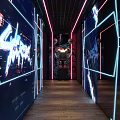Cyberpunk Corridor Interior Design With Neon Lights And Wall Murals 3d model