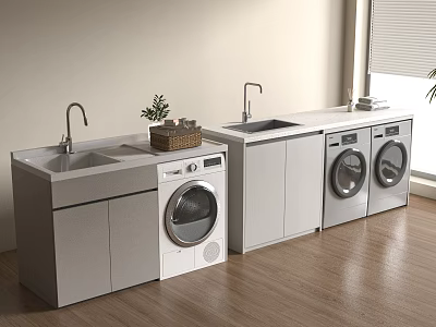 Modern Laundry Room With Double Washing Machines Sinks Cabinets And Wooden Floor 3d model