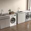 Modern Laundry Room With Double Washing Machines Sinks Cabinets And Wooden Floor
