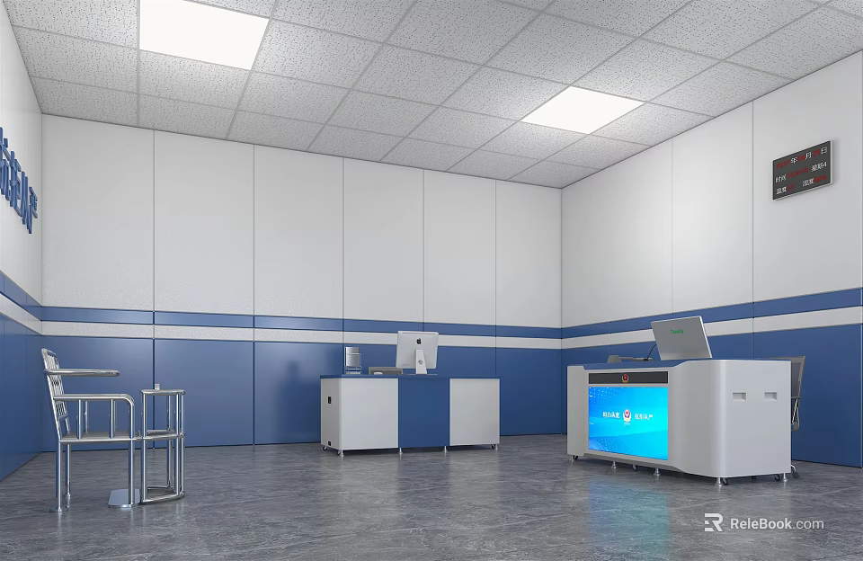 Modern Monitoring Room Interior With Control Consoles Monitor Screens And Blue White Walls 3d model 