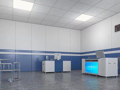 Modern Monitoring Room Interior With Control Consoles Monitor Screens And Blue White Walls 3d model