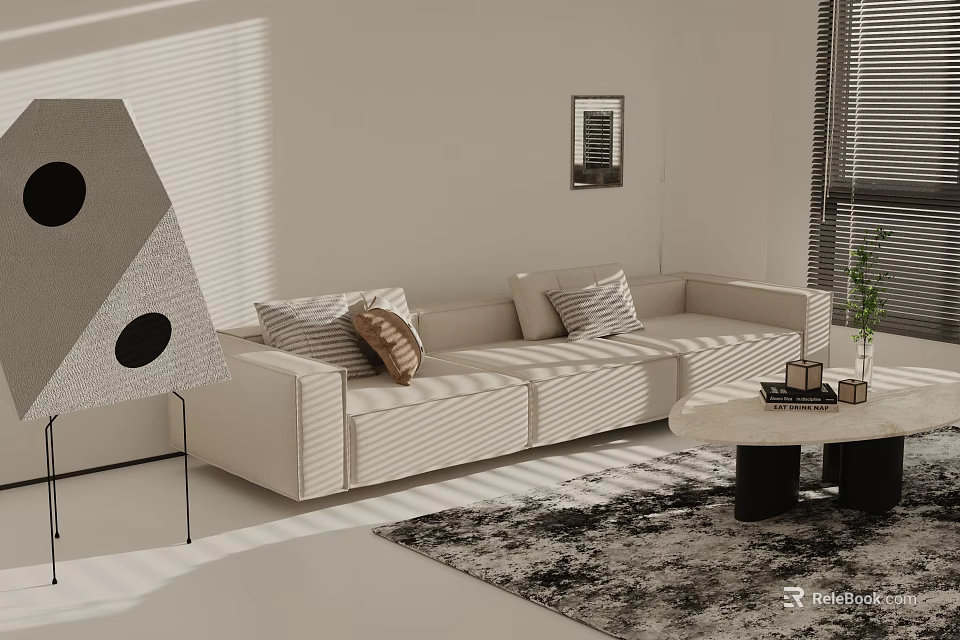 Modern Three Seater Sofa In Beige With Pillows Coffee Table And Sunlight Shadows 3d model 