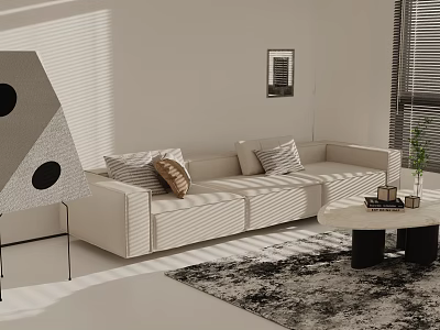 Modern Three Seater Sofa In Beige With Pillows Coffee Table And Sunlight Shadows 3d model
