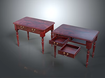 Dark Red Wooden Tables Featuring Drawers Metal Handles And Open Drawer Design 3d model