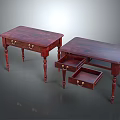 Dark Red Wooden Tables Featuring Drawers Metal Handles And Open Drawer Design