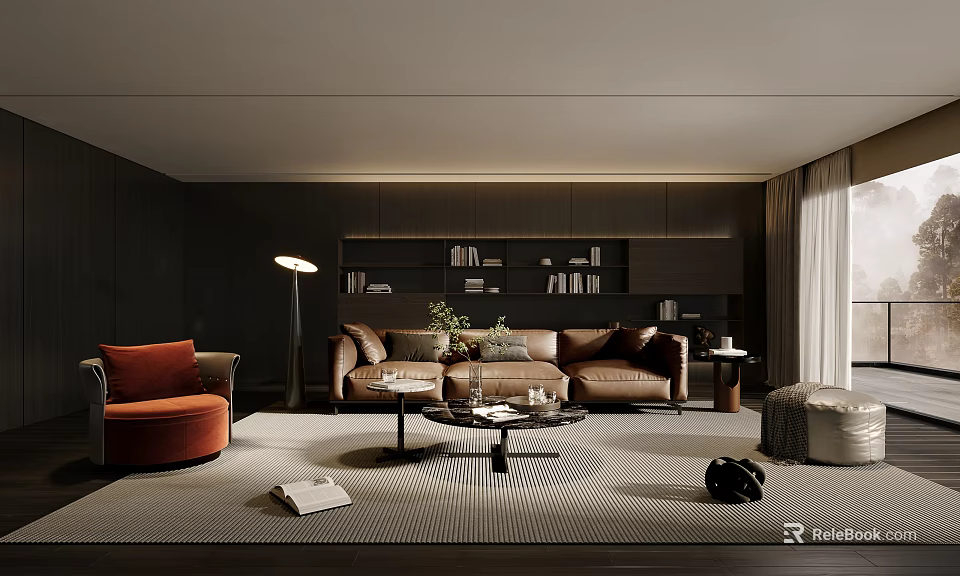 Modern Living Room Interior Featuring Brown Sofa Orange Chair And Dark Bookshelf 3d model 