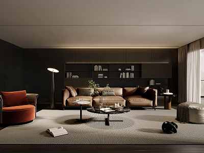 Modern Living Room Interior Featuring Brown Sofa Orange Chair And Dark Bookshelf 3d model
