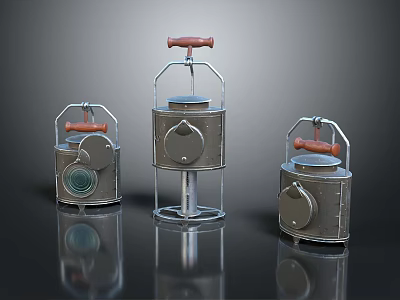 Vintage Metal Furniture Pieces With Red Handles And Unique Decorative Designs 3d model