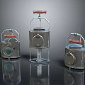 Vintage Metal Furniture Pieces With Red Handles And Unique Decorative Designs