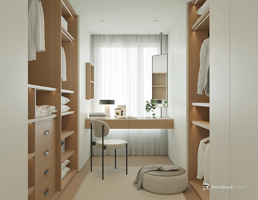 Minimalist Walk In Closet Design With Wooden Storage And Dressing Table 3d model 