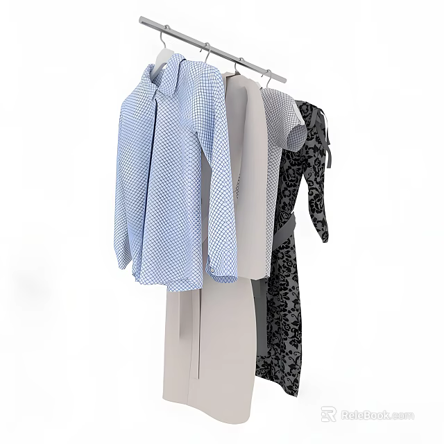 Hanging Clothes On Hangers Featuring Blue Polka Dot Shirt Gray Top And Black Lace Dress 3d model 