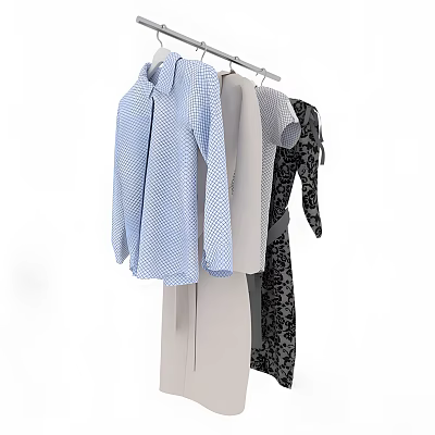 Hanging Clothes On Hangers Featuring Blue Polka Dot Shirt Gray Top And Black Lace Dress 3d model