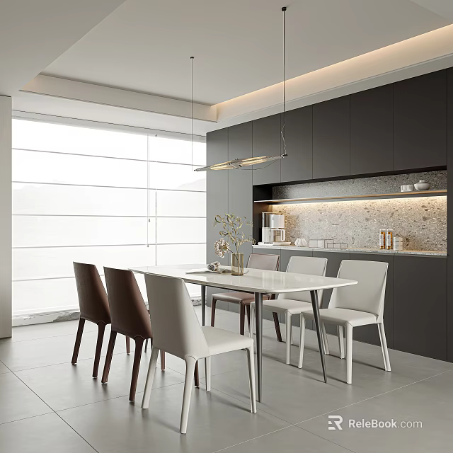 Modern Restaurant Interior Design With Open Layout Dining Table And Hanging Lights 3d model