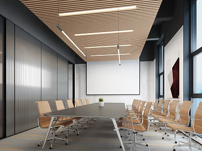 Modern Meeting Room With Long Table Wooden Chairs Linear Ceiling Projection Screen And Large Windows 3d model