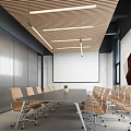 Modern Meeting Room With Long Table Wooden Chairs Linear Ceiling Projection Screen And Large Windows